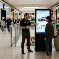 Visitors talking beside an interactive display at a shopping center