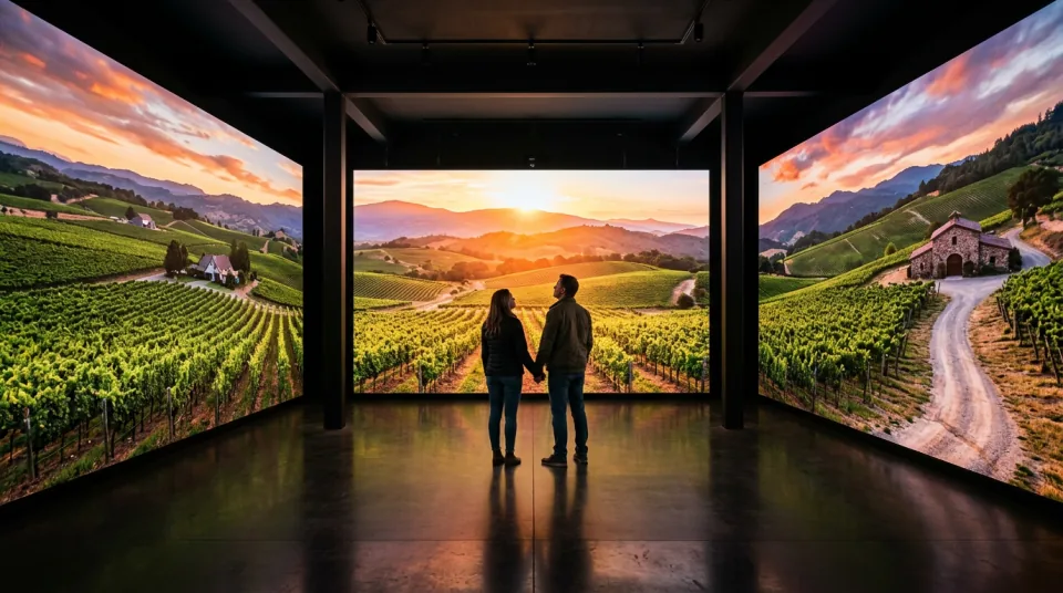 Two visitors surrounded by vineyard scenery on three wall-sized screens