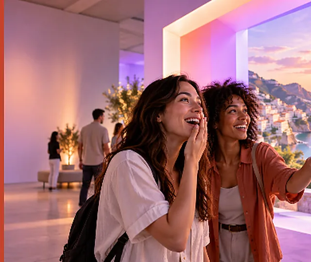 Two visitors looking at a large display of a coastal town