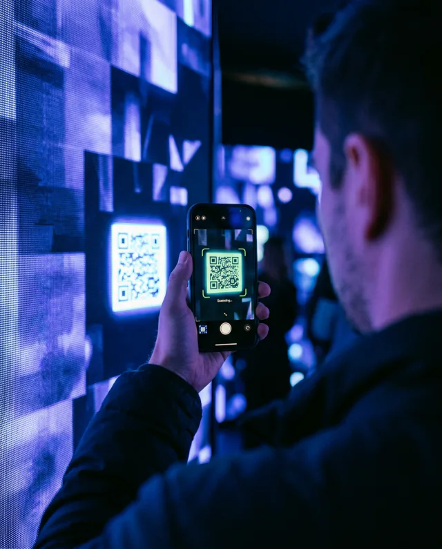 A visitor scanning a QR code on a large display with a phone